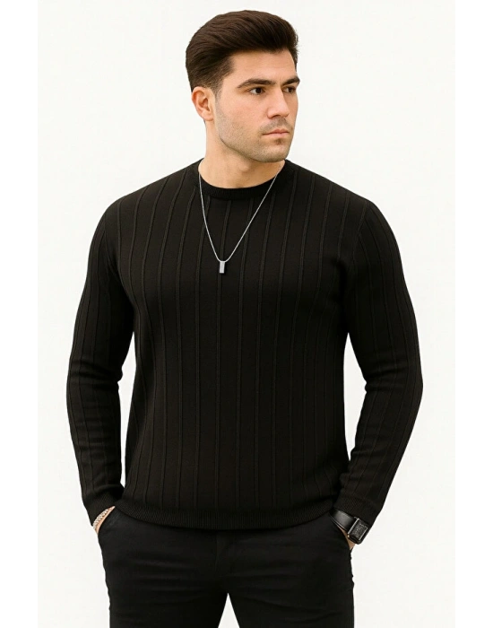 Erkek Slim Fit Dar Kesim Bisiklet Yaka Basic Şeritli Triko Kazak