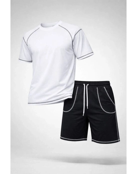 Erkek Spor Tişört Şort Takım Kontrast Dikiş Detaylı Ovarsize rahat kalıp - Beyaz