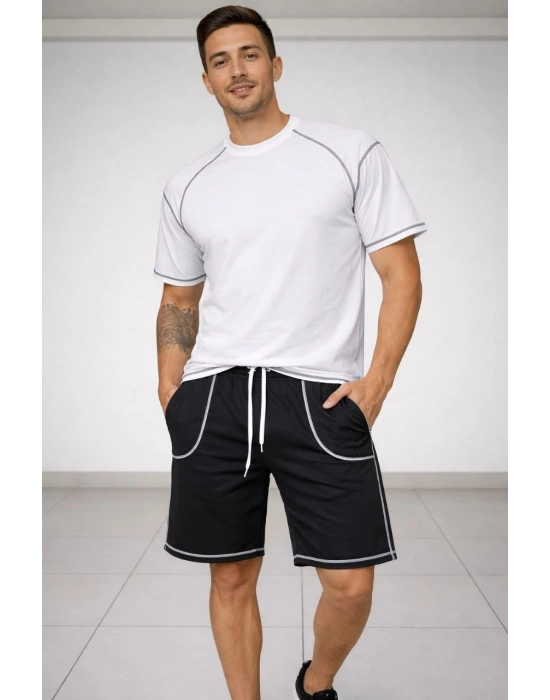 Erkek Spor Tişört Şort Takım Kontrast Dikiş Detaylı Ovarsize rahat kalıp - Beyaz