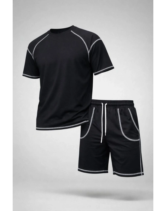 Erkek Spor Tişört Şort Takım Kontrast Dikiş Detaylı Ovarsize rahat kalıp - Siyah