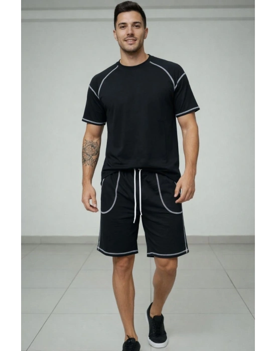 Erkek Spor Tişört Şort Takım Kontrast Dikiş Detaylı Ovarsize rahat kalıp - Siyah