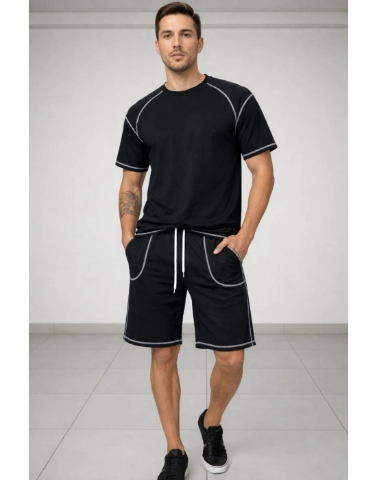 Erkek Spor Tişört Şort Takım Kontrast Dikiş Detaylı Ovarsize rahat kalıp - Siyah