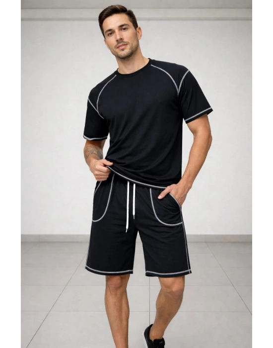 Erkek Spor Tişört Şort Takım Kontrast Dikiş Detaylı Ovarsize rahat kalıp - Siyah
