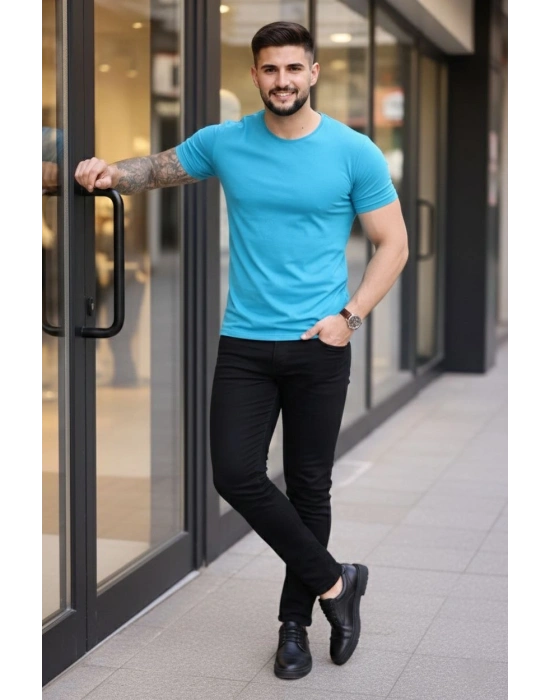 Erkek T-Shirt Bisiklet Yaka Slim Fit dar kesim Likralı Tişört Günlük Basic Body - Açık Mavi