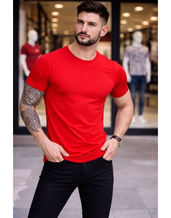 Erkek T-Shirt Bisiklet Yaka Slim Fit dar kesim Likralı Tişört Günlük Basic Body - Kırmızı