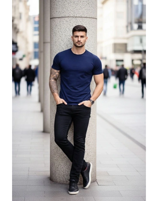 Erkek T-Shirt Bisiklet Yaka Slim Fit dar kesim Likralı Tişört Günlük Basic Body - Lacivert