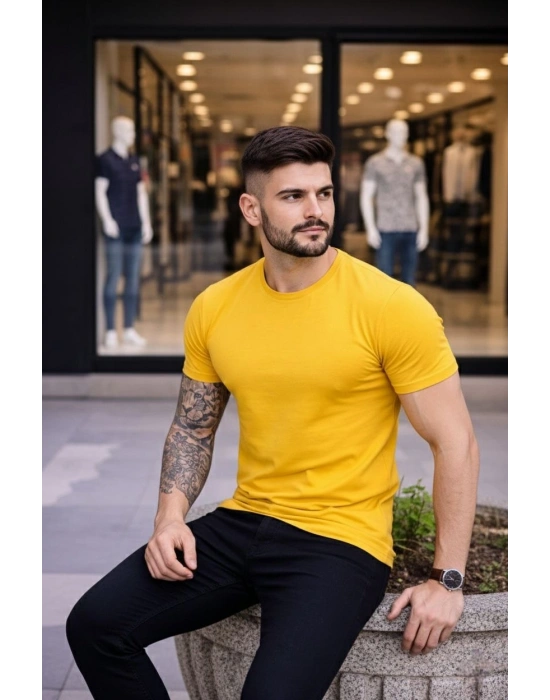 Erkek T-Shirt Bisiklet Yaka Slim Fit dar kesim Likralı Tişört Günlük Basic Body - Sarı
