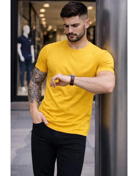 Erkek T-Shirt Bisiklet Yaka Slim Fit dar kesim Likralı Tişört Günlük Basic Body - Sarı