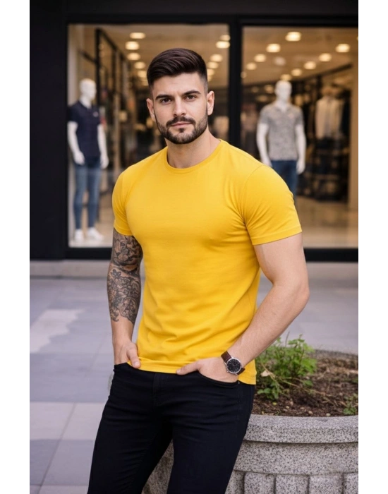 Erkek T-Shirt Bisiklet Yaka Slim Fit dar kesim Likralı Tişört Günlük Basic Body - Sarı