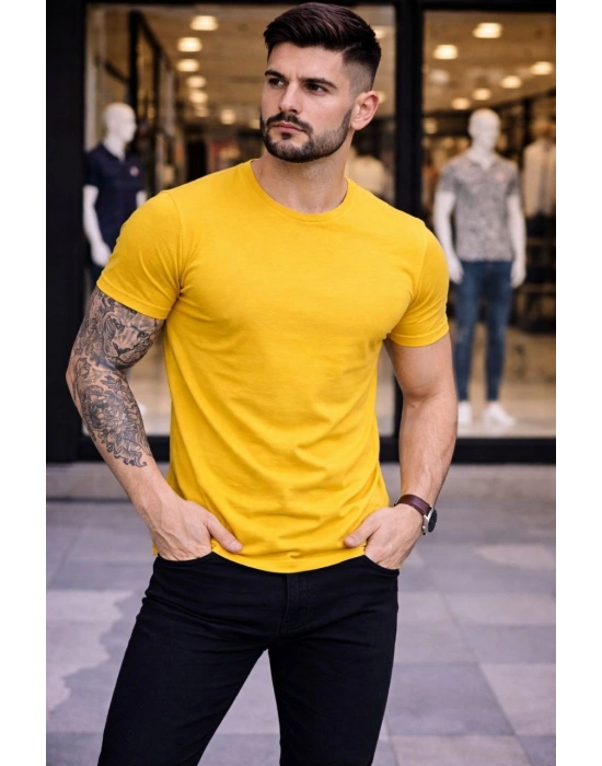 Erkek T-Shirt Bisiklet Yaka Slim Fit dar kesim Likralı Tişört Günlük Basic Body - Sarı
