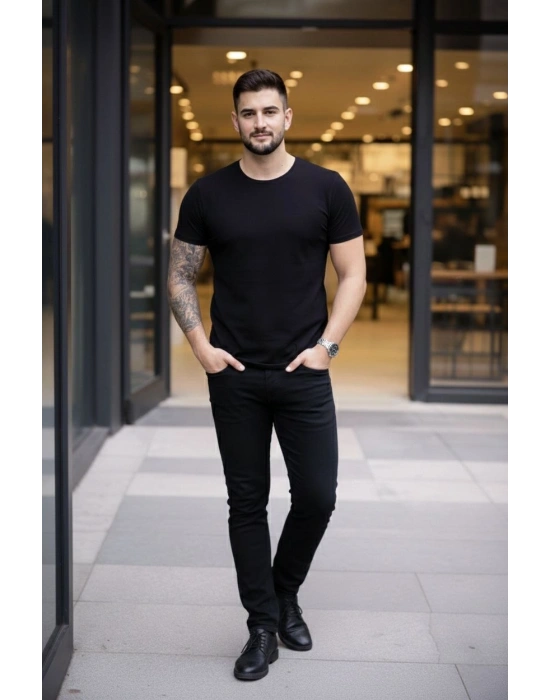 Erkek T-Shirt Bisiklet Yaka Slim Fit dar kesim Likralı Tişört Günlük Basic Body - Siyah