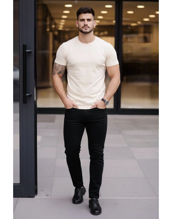 Erkek T-Shirt Bisiklet Yaka Slim Fit dar kesim Likralı Tişört Günlük Basic Body - Taş