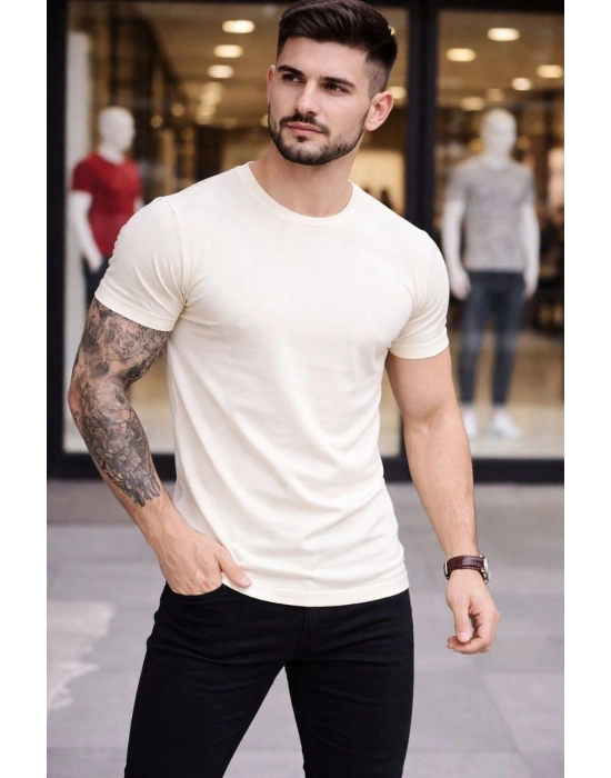 Erkek T-Shirt Bisiklet Yaka Slim Fit dar kesim Likralı Tişört Günlük Basic Body - Taş