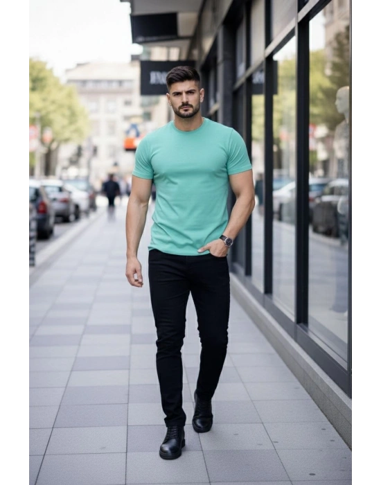 Erkek T-Shirt Bisiklet Yaka Slim Fit dar kesim Likralı Tişört Günlük Basic Body - Turkuvaz