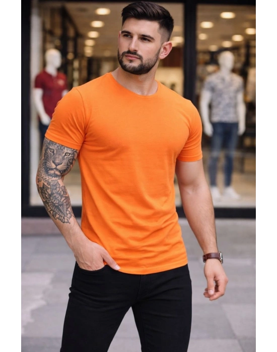 Erkek T-Shirt Bisiklet Yaka Slim Fit dar kesim Likralı Tişört Günlük Basic Body - Turuncu