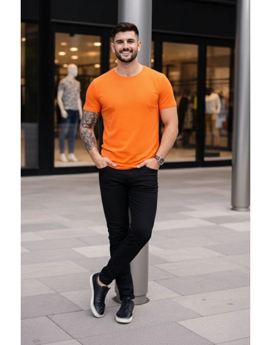 Erkek T-Shirt Bisiklet Yaka Slim Fit dar kesim Likralı Tişört Günlük Basic Body - Turuncu