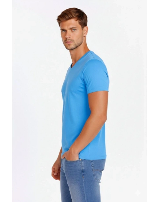 Erkek T-Shirt V Yaka Slim Fit dar kesim Likralı Tişört Günlük Basic Body - Açık Mavi