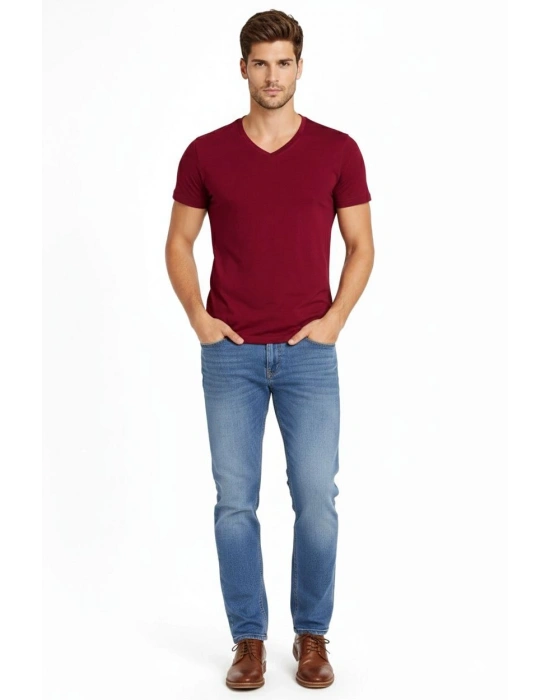 Erkek T-Shirt V Yaka Slim Fit dar kesim Likralı Tişört Günlük Basic Body - Bordo