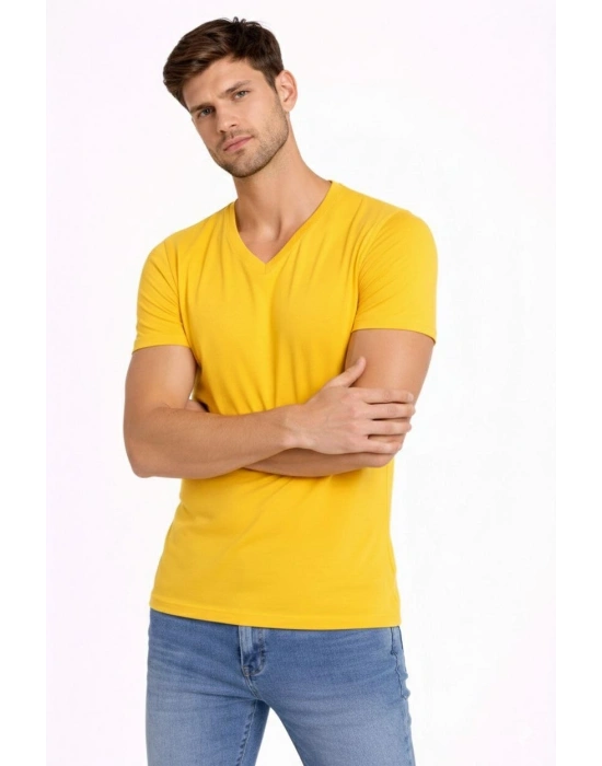 Erkek T-Shirt V Yaka Slim Fit dar kesim Likralı Tişört Günlük Basic Body - Limon