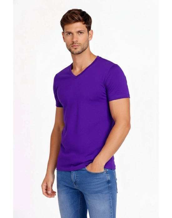 Erkek T-Shirt V Yaka Slim Fit dar kesim Likralı Tişört Günlük Basic Body - Mor