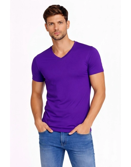 Erkek T-Shirt V Yaka Slim Fit dar kesim Likralı Tişört Günlük Basic Body - Mor
