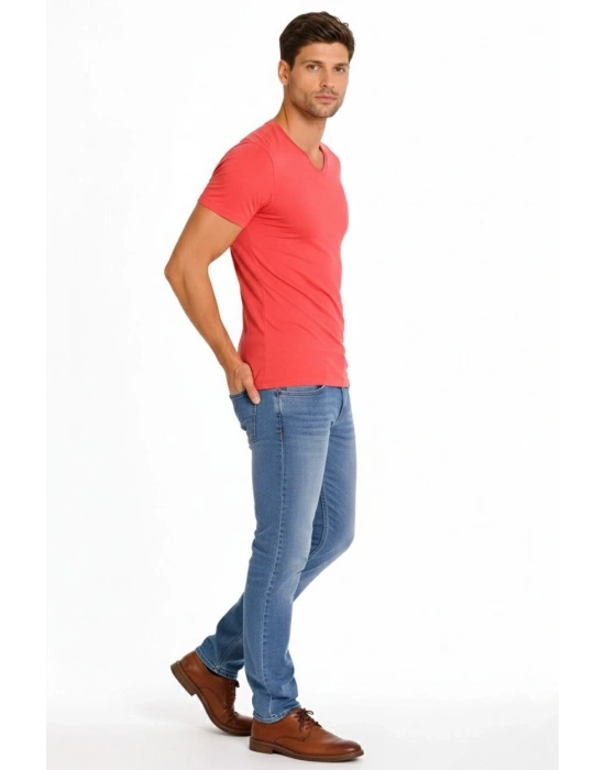 Erkek T-Shirt V Yaka Slim Fit dar kesim Likralı Tişört Günlük Basic Body - Nar Çiçeği