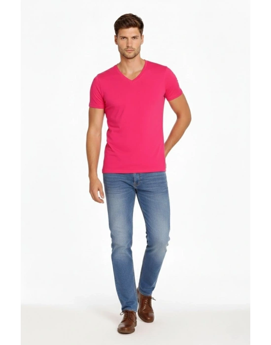 Erkek T-Shirt V Yaka Slim Fit dar kesim Likralı Tişört Günlük Basic Body - Pembe