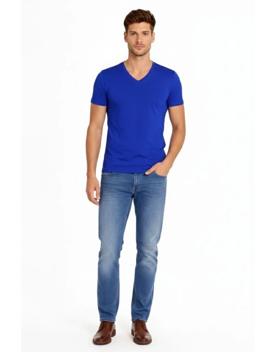 Erkek T-Shirt V Yaka Slim Fit dar kesim Likralı Tişört Günlük Basic Body - Saks Mavisi