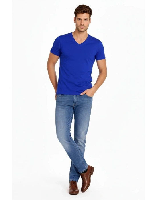Erkek T-Shirt V Yaka Slim Fit dar kesim Likralı Tişört Günlük Basic Body - Saks Mavisi