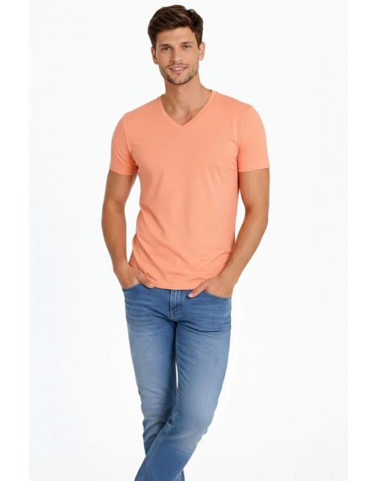 Erkek T-Shirt V Yaka Slim Fit dar kesim Likralı Tişört Günlük Basic Body - Toz Pembe