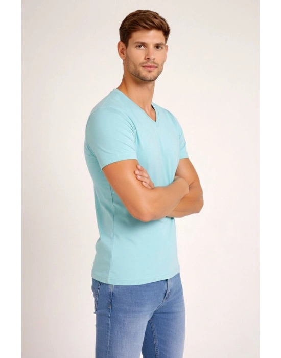 Erkek T-Shirt V Yaka Slim Fit dar kesim Likralı Tişört Günlük Basic Body - Turkuvaz