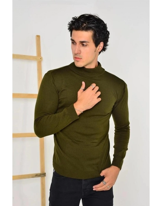 Erkek Tam Balıkçı Yaka Düz Renk Kazak - Yeşil