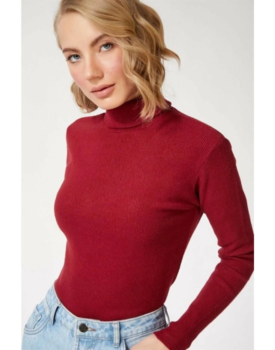 Erkek Tam Boğazlı Fitilli Kaşkorse Triko – Likralı, Extra Dar Kesim Slimfit, Yumuşak Kaşmir Dokulu Model- Bordo