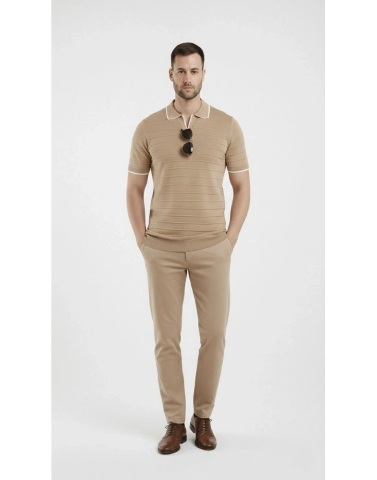 Erkek Triko Kumaş Yakalı Düğmesiz Açık Yaka Fitilli Kısa Kollu Regular Fit Tişört T-shirt - Bej