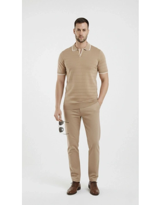 Erkek Triko Kumaş Yakalı Düğmesiz Açık Yaka Fitilli Kısa Kollu Regular Fit Tişört T-shirt - Bej