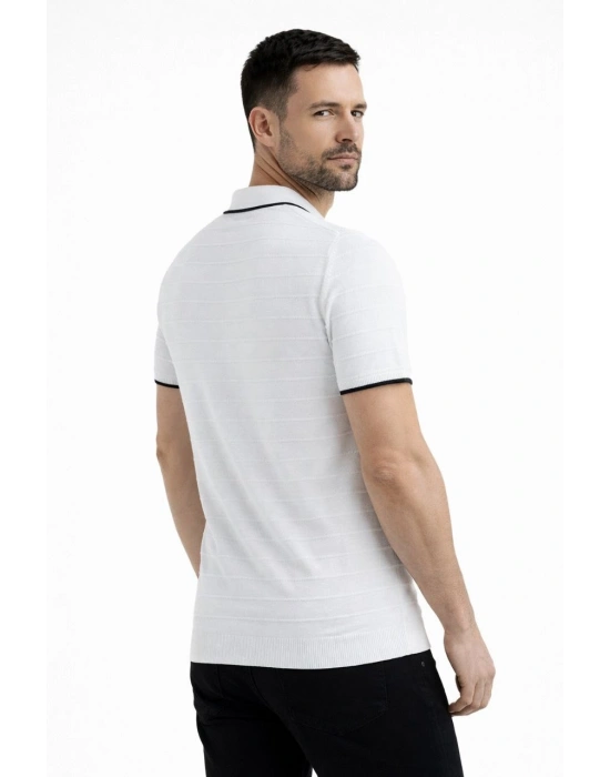 Erkek Triko Kumaş Yakalı Düğmesiz Açık Yaka Fitilli Kısa Kollu Regular Fit Tişört T-shirt - Beyaz