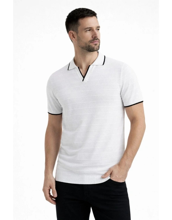 Erkek Triko Kumaş Yakalı Düğmesiz Açık Yaka Fitilli Kısa Kollu Regular Fit Tişört T-shirt - Beyaz
