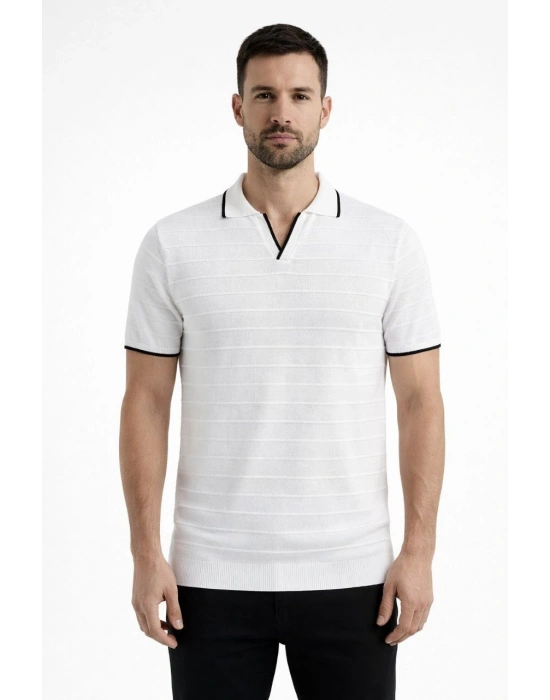 Erkek Triko Kumaş Yakalı Düğmesiz Açık Yaka Fitilli Kısa Kollu Regular Fit Tişört T-shirt - Beyaz