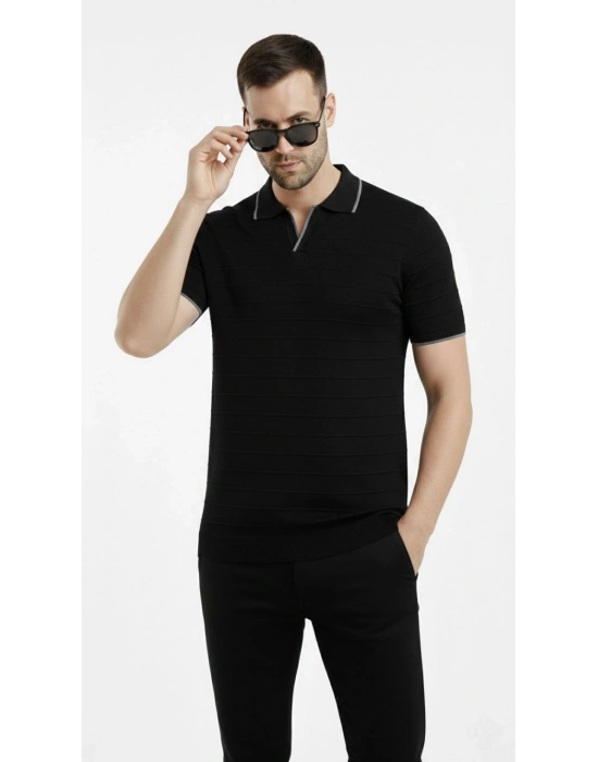 Erkek Triko Kumaş Yakalı Düğmesiz Açık Yaka Fitilli Kısa Kollu Regular Fit Tişört T-shirt - Siyah