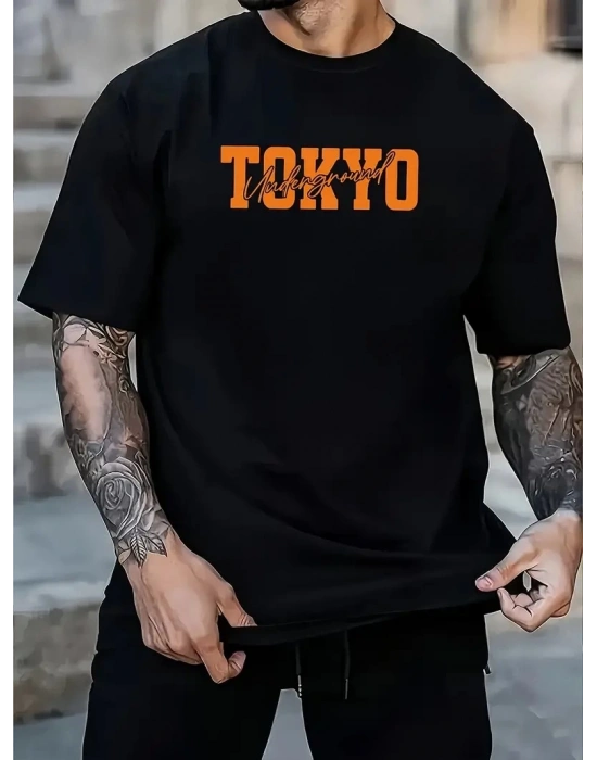 Erkek Turuncu Spor Araba Grafik Tişört - TOKYO Baskılı Günlük Oversize Kısa Kollu Tişört, Yetişkinler için Yazlık Giyim, Turuncu Araba Tasarımı- Siyah