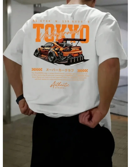 Erkek Turuncu Spor Araba Grafik Tişört - TOKYO Baskılı Günlük Oversize Kısa Kollu Tişört, Yetişkinler için Yazlık Giyim, Turuncu Araba Tasarımı - Beyaz