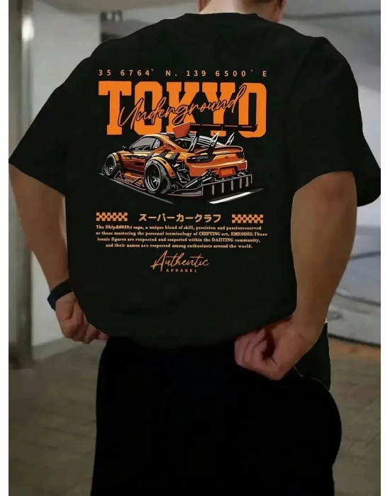 Erkek Turuncu Spor Araba Grafik Tişört - TOKYO Baskılı Günlük Oversize Kısa Kollu Tişört, Yetişkinler için Yazlık Giyim, Turuncu Araba Tasarımı- Siyah