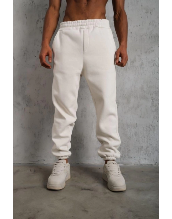 Erkek Üç İplik Alt Eşofman Lastikli - Beyaz