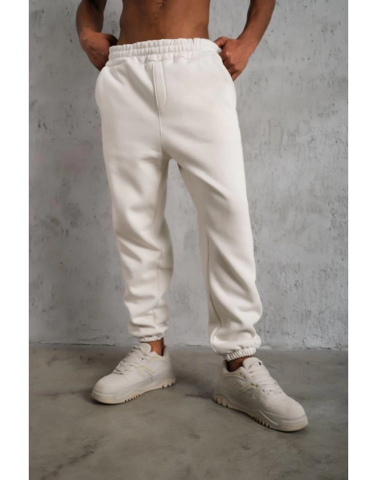 Erkek Üç İplik Alt Eşofman Lastikli - Beyaz