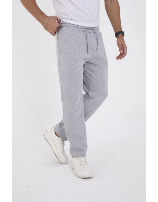 Erkek Üç İplik Basic Eşofman Boru Paça İpli Pantolon - Gri