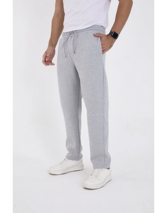 Erkek Üç İplik Basic Eşofman Boru Paça İpli Pantolon - Gri