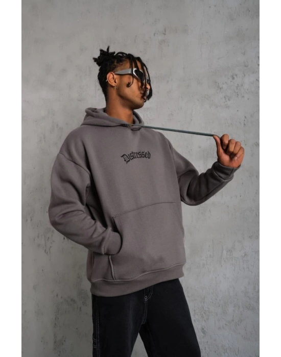 Erkek Üç İplik Baskılı Kapüşonlu Sweat - Gri