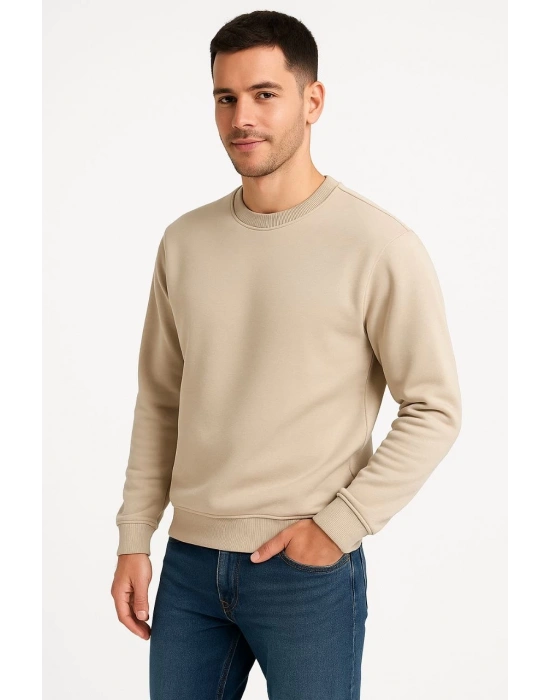Erkek Üç İplik Düz Bisiklet Yaka SweatShirt - Bej