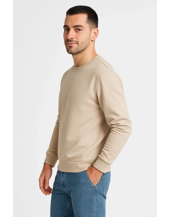Erkek Üç İplik Düz Bisiklet Yaka SweatShirt - Bej