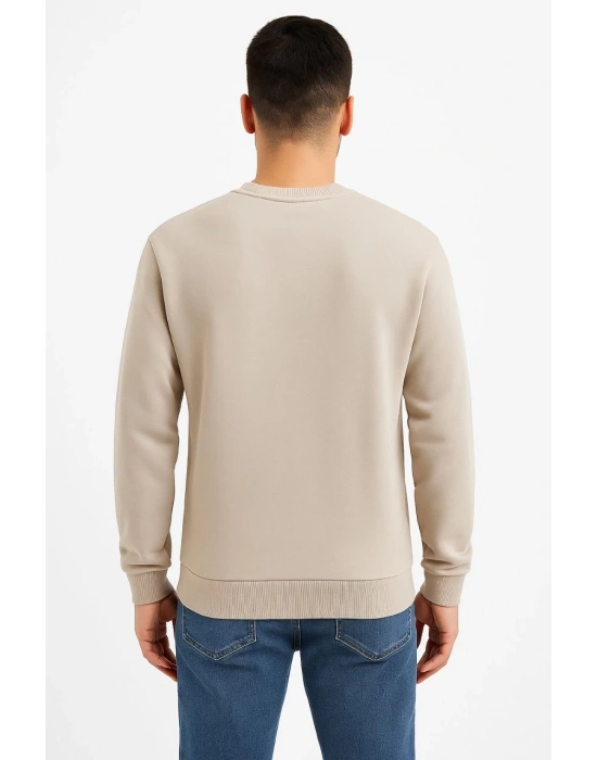 Erkek Üç İplik Düz Bisiklet Yaka SweatShirt - Bej